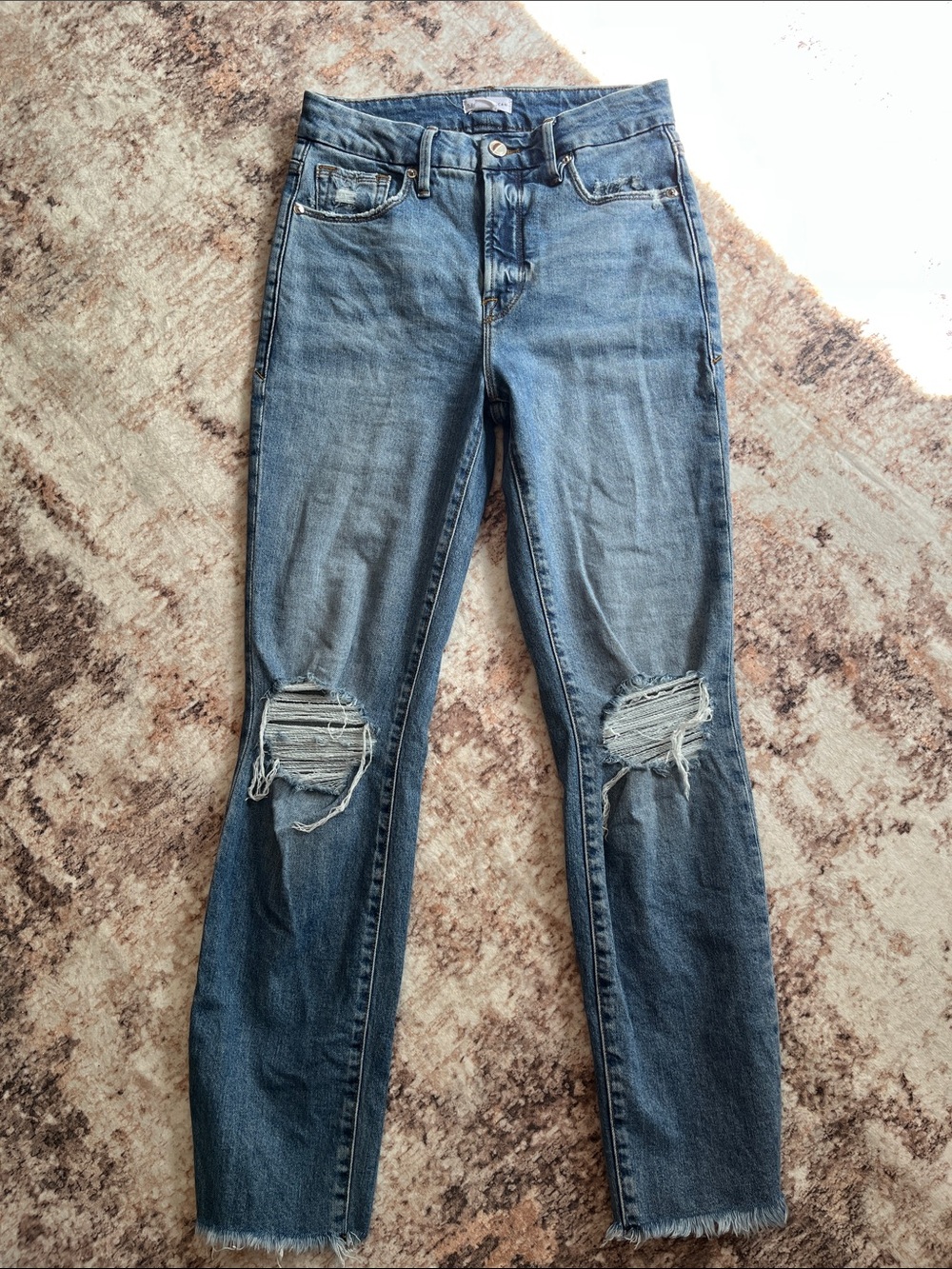 Good American Distressed Blue Straight-Leg Jeans